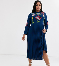 Платье миди с плиссировкой и вышивкой ASOS DESIGN Curve-Темно-синий