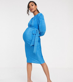 Платье миди с открытыми плечами, плиссировкой и завязкой на талии ASOS DESIGN Maternity-Синий