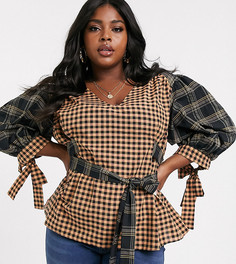 Футболка с длинным рукавом в клетку с поясом ASOS DESIGN Curve-Бесцветный
