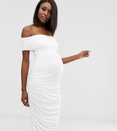Платье миди с открытыми плечами и сборками по бокам ASOS DESIGN Maternity-Белый