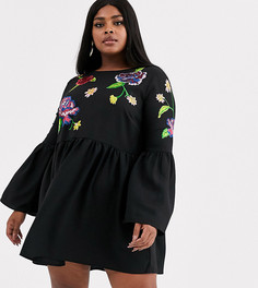Свободное платье мини с рукавами-оборками и вышивкой ASOS DESIGN Curve-Черный
