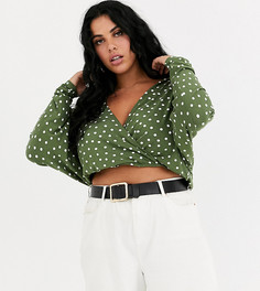 Топ в горошек, с запахом и рукавами "летучая мышь" ASOS DESIGN Curve-Зеленый