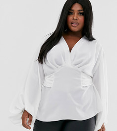 Топ с длинными рукавами, глубоким вырезом и поясом ASOS DESIGN Curve-Бесцветный
