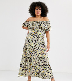 Платье макси с открытыми плечами и звериным принтом ASOS DESIGN Curve-Мульти