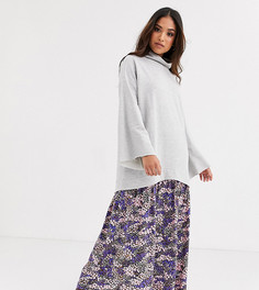 Трикотажное платье макси с цветочным принтом на юбке ASOS DESIGN Petite-Серый