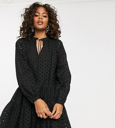Ярусное платье-трапеция мини с вышивкой ришелье ASOS DESIGN Tall-Черный