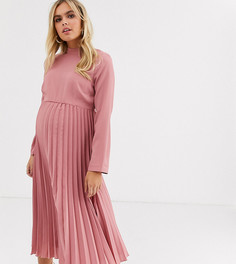 Платье миди с высоким воротом и плиссировкой ASOS DESIGN Maternity-Розовый