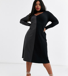 Платье из ткани в рубчик и искусственной кожи с длинными рукавами ASOS DESIGN Curve-Черный