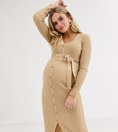 Платье миди с пуговицами и поясом ASOS DESIGN Maternity-Светло-бежевый