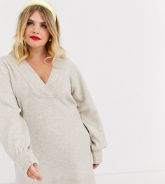 Платье-джемпер с глубоким V-образным вырезом и объемными рукавами ASOS DESIGN Curve-Светло-бежевый