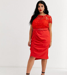 Красное платье миди с кружевным топом и поясом Paper Dolls Plus-Красный