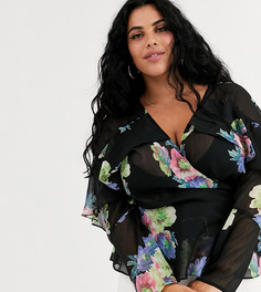 Прозрачный топ с запахом, цветочным принтом и оборками ASOS DESIGN Curve-Мульти