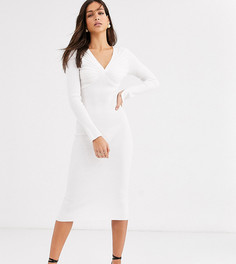 Платье миди со складками и глубоким V-образным вырезом ASOS DESIGN Tall-Кремовый