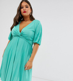Плиссированное платье миди с широкими рукавами ASOS DESIGN Curve-Зеленый