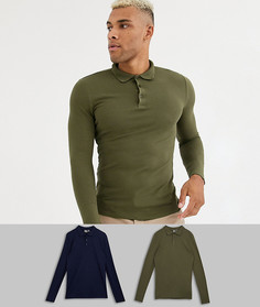 2 обтягивающих поло из органического хлопка пике с длинными рукавами ASOS DESIGN - Набор со скидкой-Мульти