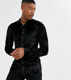 Черная эластичная рубашка зауженного кроя из мятого бархата ASOS DESIGN Tall-Черный