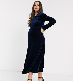 Темно-синее приталенное бархатное платье миди TFNC Maternity-Темно-синий