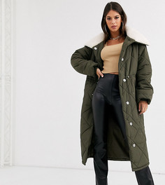 Стеганая дутая куртка цвета хаки с воротником из искусственного меха ASOS DESIGN Tall-Зеленый