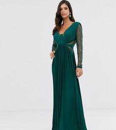 Плиссированное платье макси с длинными рукавами и кружевной отделкой ASOS DESIGN Tall-Зеленый
