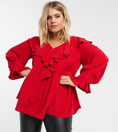 Свободный топ с длинными рукавами и оборкой на воротнике ASOS DESIGN Curve-Бесцветный