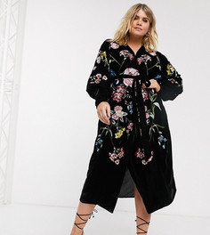 Бархатное платье миди с запахом и вышивкой ASOS EDITION Curve-Черный