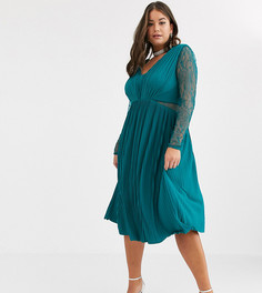 Платье миди с кружевом и плиссировкой ASOS DESIGN Curve-Зеленый