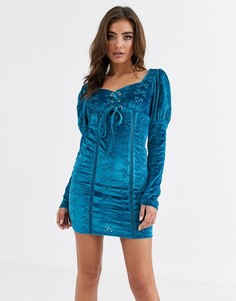 Синее бархатное платье мини с вышивкой ришелье и шнуровкой ASOS DESIGN-Синий