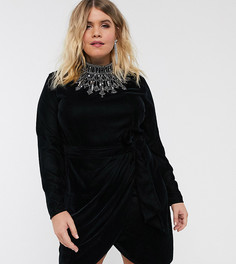 Бархатное платье мини с высоким воротником ASOS DESIGN Curve-Черный