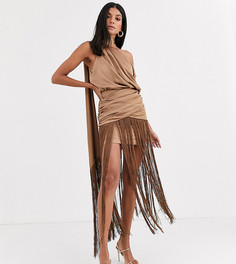 Платье макси на одно плечо с бахромой и атласным лифом ASOS DESIGN Tall-Бежевый