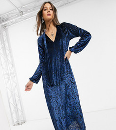 Темно-синее бархатное платье миди с анималистичным принтом ASOS DESIGN Tall-Мульти
