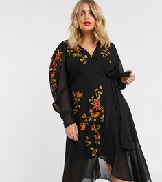 Платье миди с запахом с вышивкой ASOS DESIGN Curve-Черный