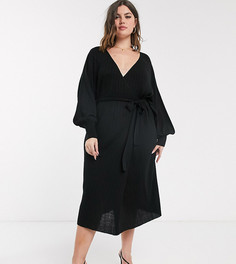 Трикотажное платье с запахом и объемными рукавами ASOS DEISGN Curve-Черный