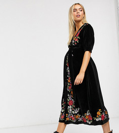 Бархатное чайное платье миди с вышивкой ASOS DESIGN Maternity-Черный
