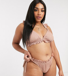 Бежевые фактурные плавки бикини на завязках с оборками ASOS DESIGN curve-Розовый