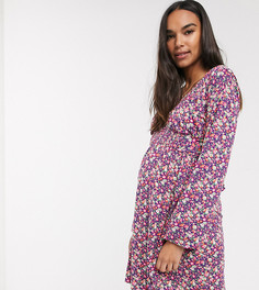 Платье мини ягодного цвета со сборками и цветочным принтом ASOS DESIGN Maternity-Мульти