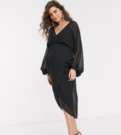 Платье миди с глубоким вырезом и пышными рукавами ASOS DESIGN Maternity-Черный