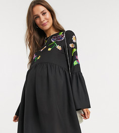 Черное свободное платье мини с вышивкой и расклешенными рукавами ASOS DESIGN Maternity-Черный