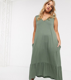 Платье миди цвета хаки со скрытыми карманами и оборкой по краю эксклюзивно для ASOS DESIGN Curve-Зеленый