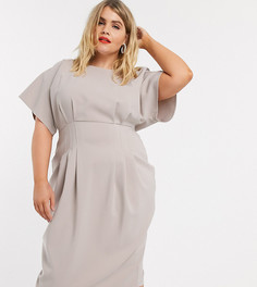 Серое платье-футляр миди со складками в талии ASOS DESIGN Curve-Серый