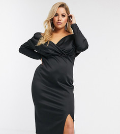 Платье миди со спущенными плечами и сборками ASOS DESIGN Curve-Зеленый