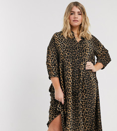 Коричневое платье-рубашка с леопардовым принтом Vero Moda Curve-Мульти