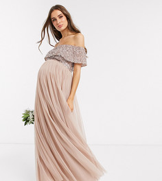 Розовое платье макси из тюля с широким вырезом и однотонными пайетками Maya Maternity Bridesmaid-Коричневый