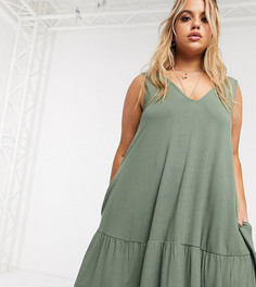 Платье мини цвета хаки с оборкой на подоле и карманами ASOS DESIGN Curve-Зеленый