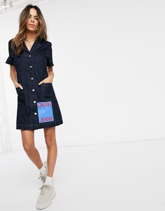 Джинсовое платье на пуговицах с фирменной нашивкой Calvin Klein-Темно-синий
