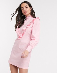 Розовое поплиновое платье с оборками River Island-Розовый