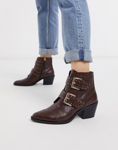 Ботинки шоколадного цвета на каблуке с пряжками Stradivarius-Коричневый