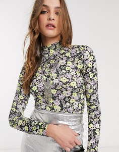 Боди с высоким воротником и цветочным принтом Bershka-Черный