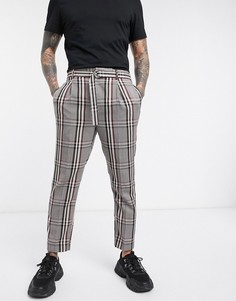 Суженные книзу бежевые строгие брюки до щиколотки в клетку с поясом ASOS DESIGN-Бежевый