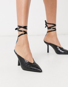 Туфли из искусственной крокодиловой кожи на среднем каблуке с завязками ASOS DESIGN-Черный