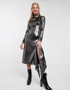 Платье миди металлик с высоким воротом, длинными рукавами и открытой спиной ASOS WHITE-Черный